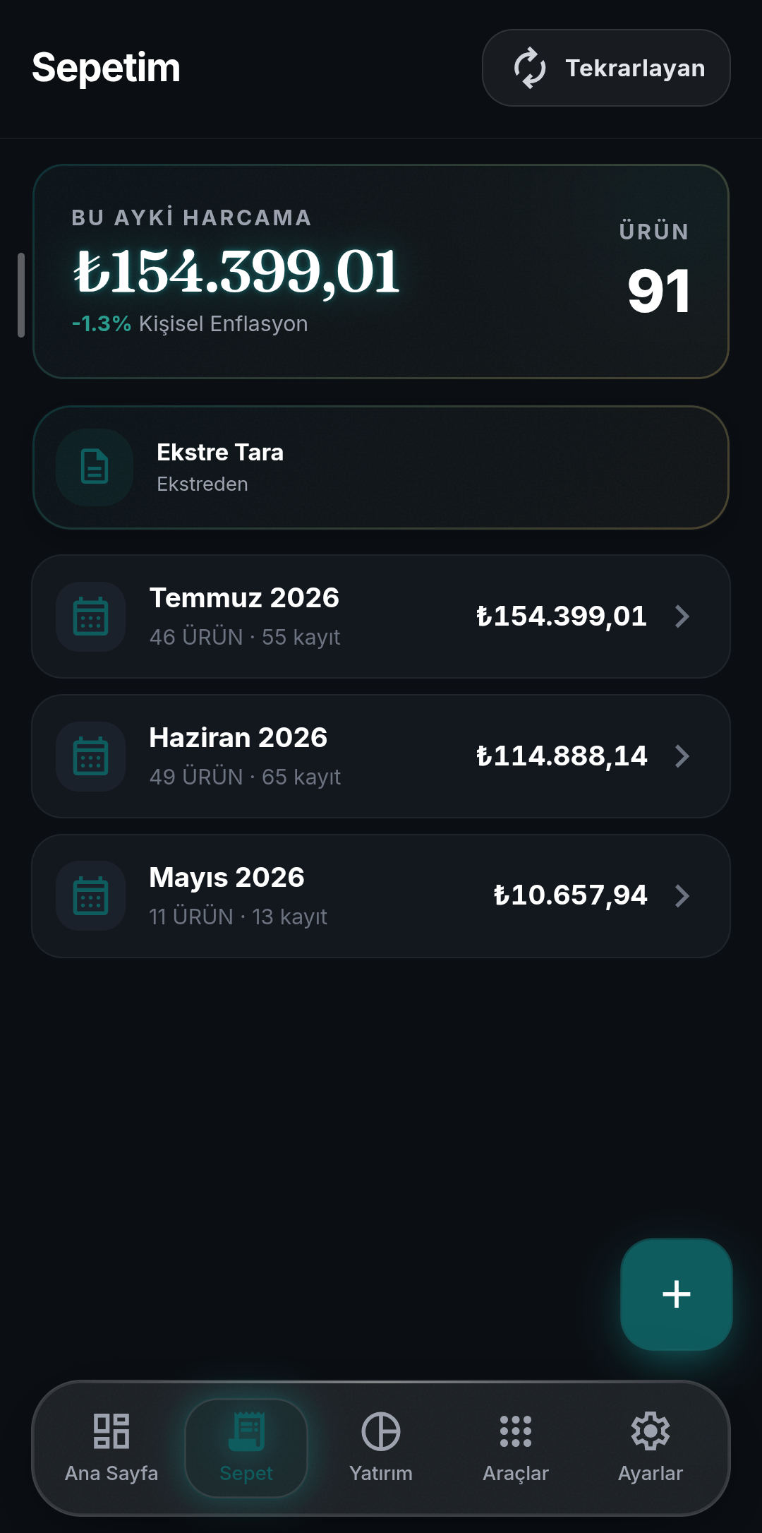 Inflastra Sepetim ekranı — aylık harcama ve kişisel enflasyon